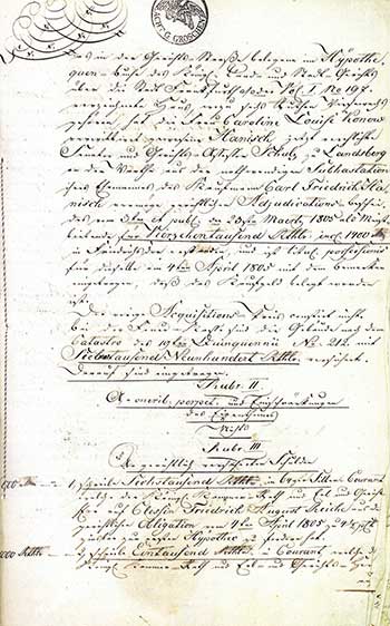 Hypothekendokument 1805 für Caroline Louise Konow