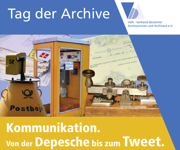 Plakat zum Tag der Archive 2020 mit dem Moto "Kommunikation. Von der Depesche bis zum Tweet". VdA e.V.