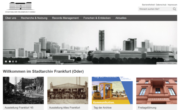 Bild von der Startseite der neuen Webseite des Stadtarchivs Frankfurt (Oder)