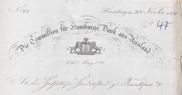 Dankschreiben der Stadt Hamburg an die Kaufleute zu Frankfurt (Oder) vom 25.11.1844