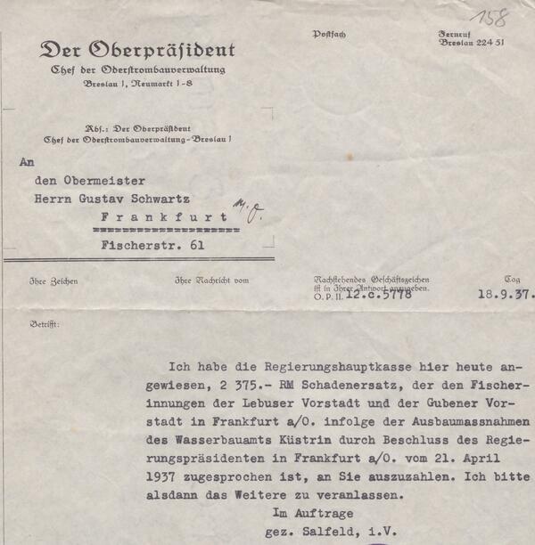 Die Oderstrombauverwaltung in Breslau benachrichtigt Obermeister Gustav Schwartz über die Zahlungsanweisung, Breslau 18. September 1937